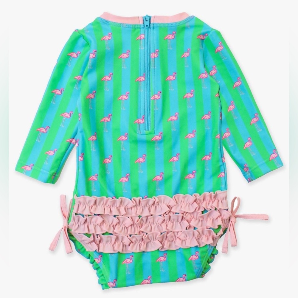 Ruffle Butts Green Flamingo Print Kids Swimwear - Picture 4 of 12